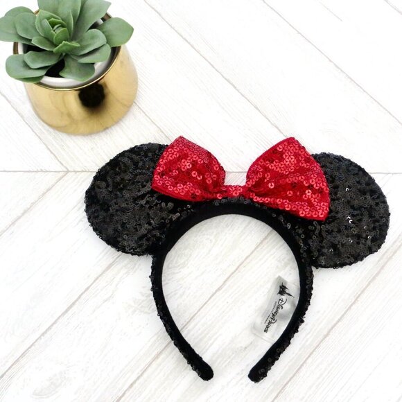 NEW! Disney Parks Minnie Mouse Headband Ears Black Sequin Ears Red Sequin Bow - Picture 3 of 5